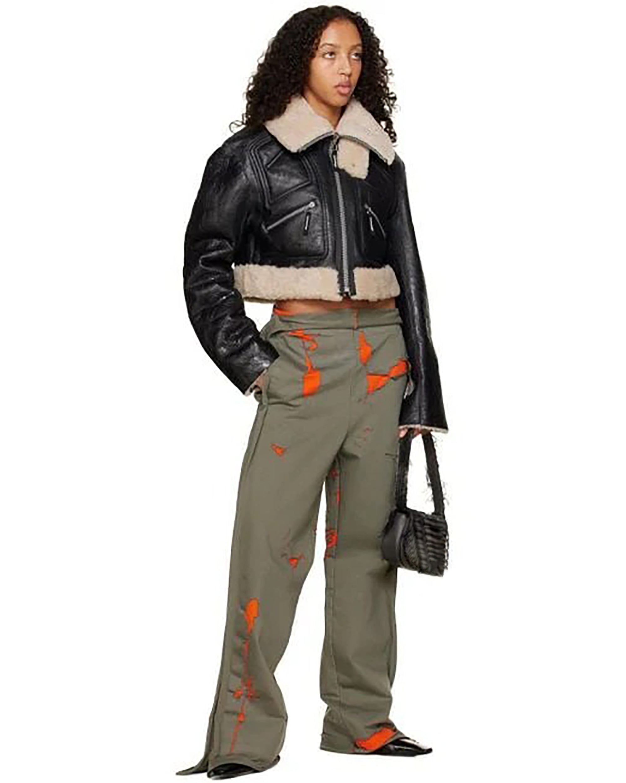 Schwarze, kurze Lammfell-Lederjacke für Damen