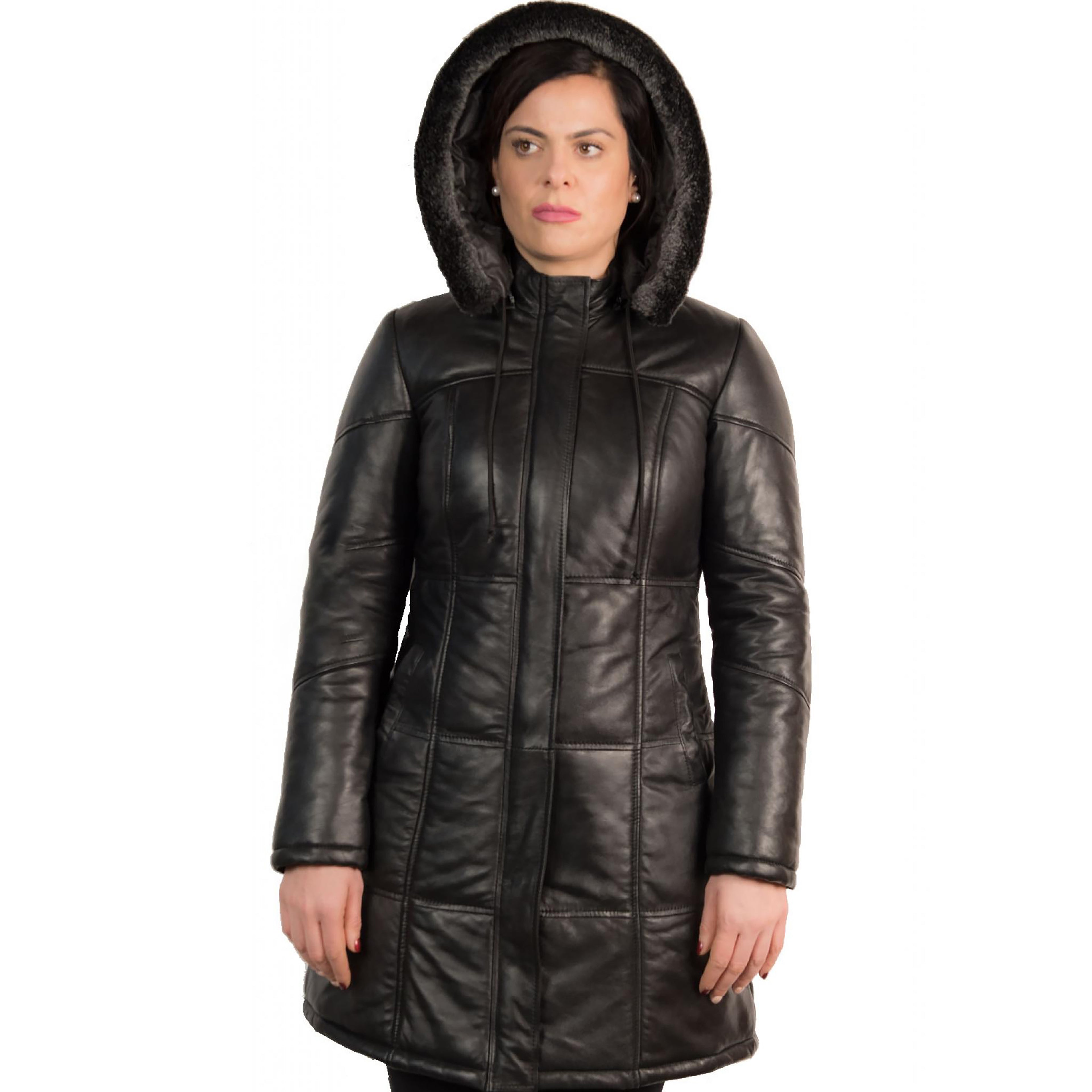 Women's Black Detachable Hood Leather Coat