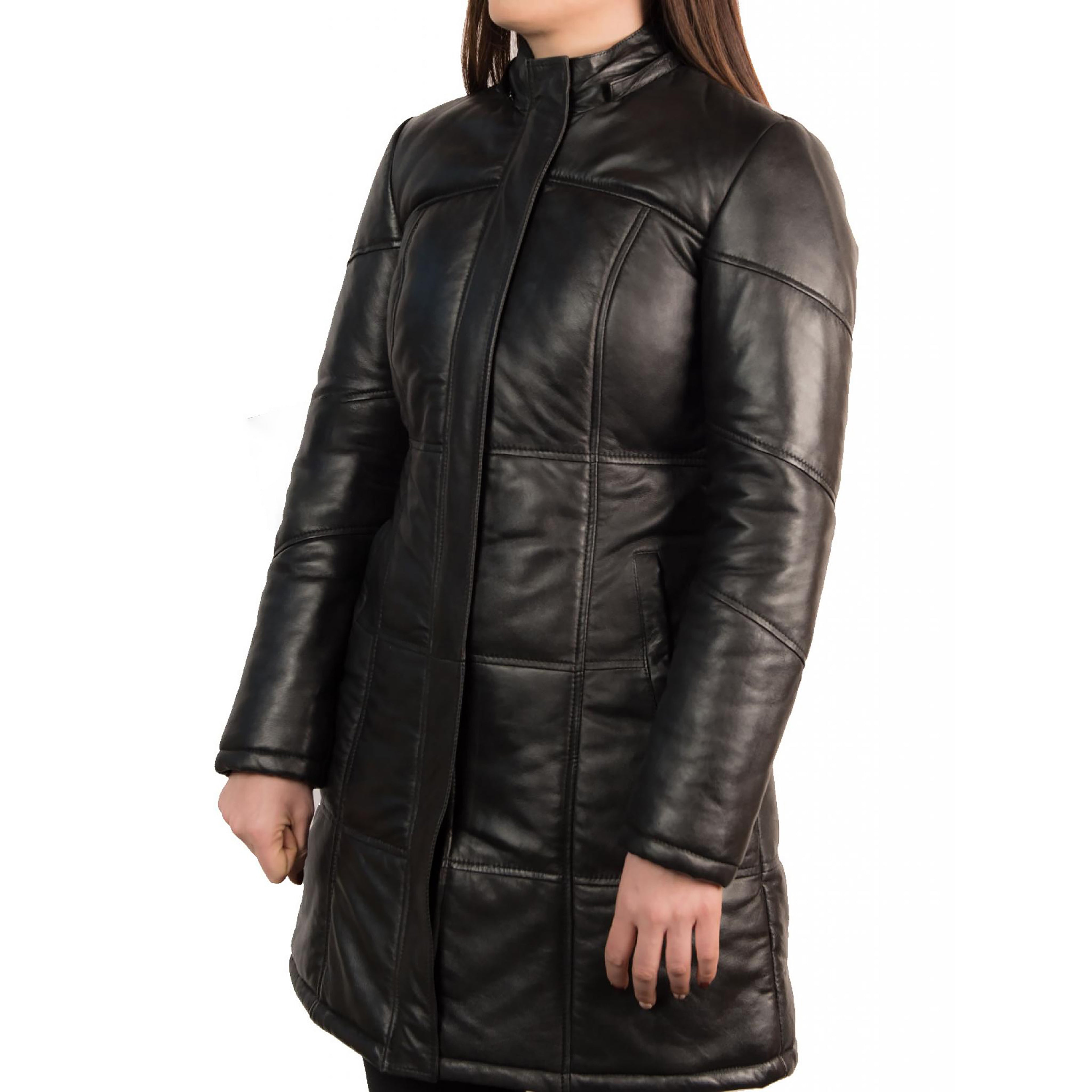Women's Black Detachable Hood Leather Coat