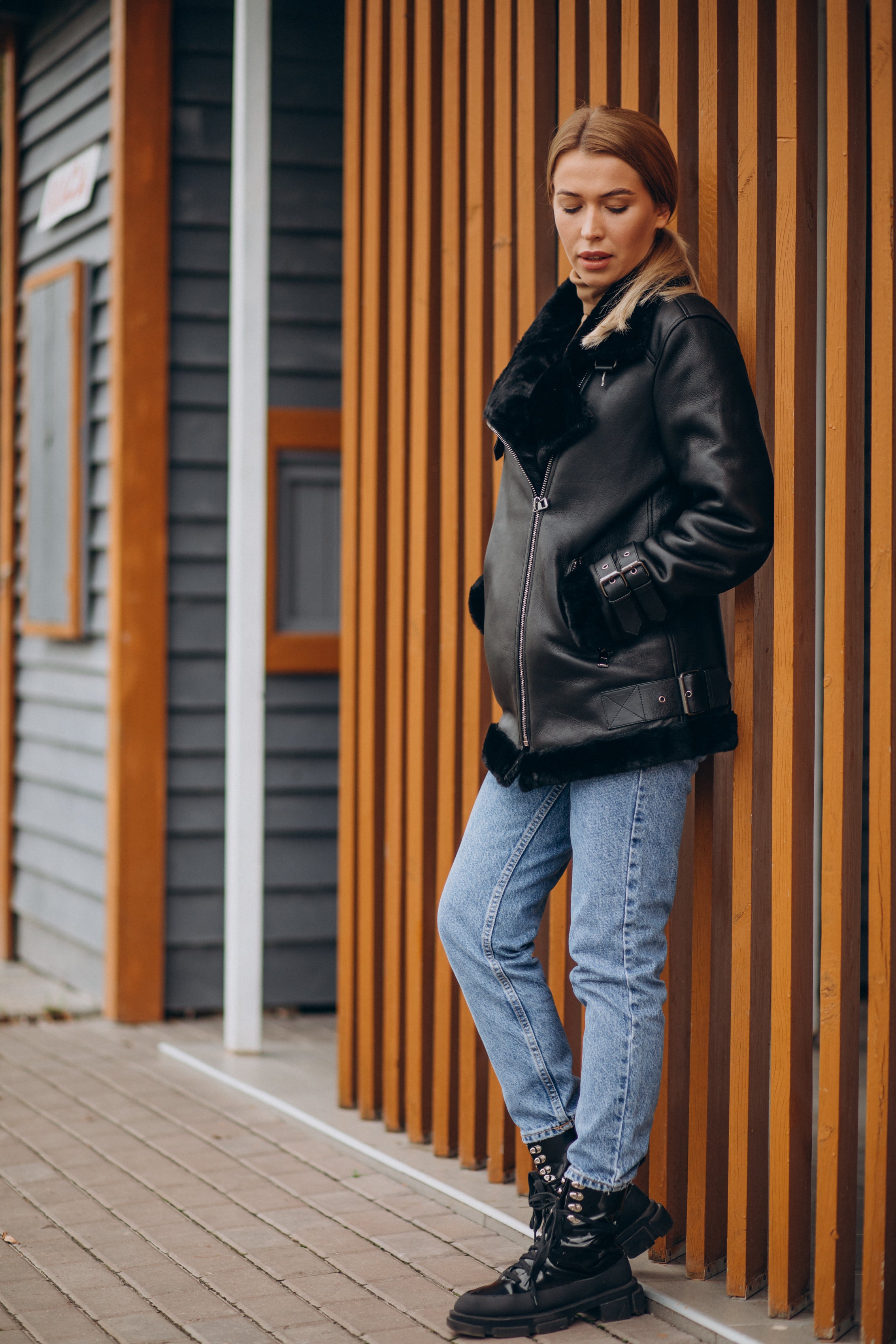 Women’s Black Double Zipper Shearling Leather Jacket