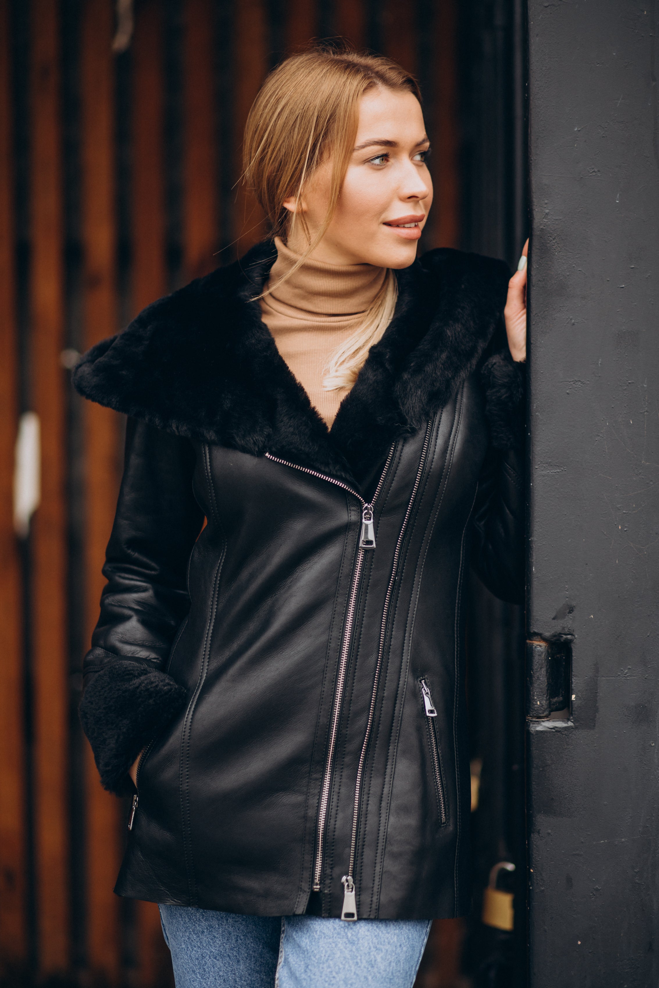 Women’s Black Double Zipper Shearling Leather Jacket