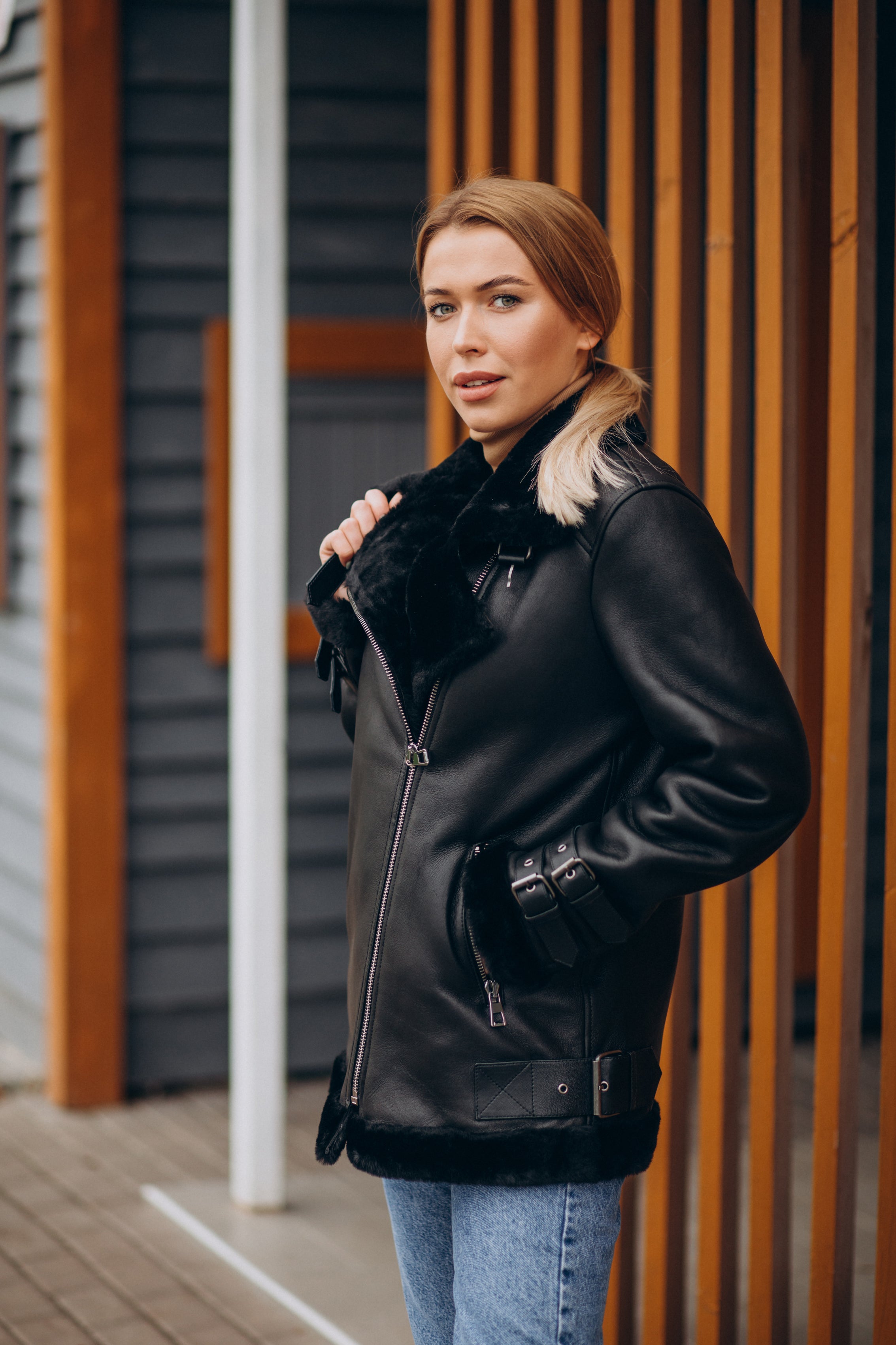 Women’s Black Double Zipper Shearling Leather Jacket