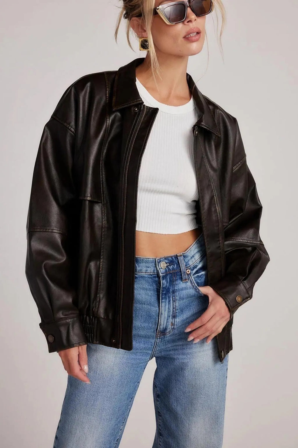Chaqueta de cuero suave extragrande con hombros caídos para mujer, color negro
