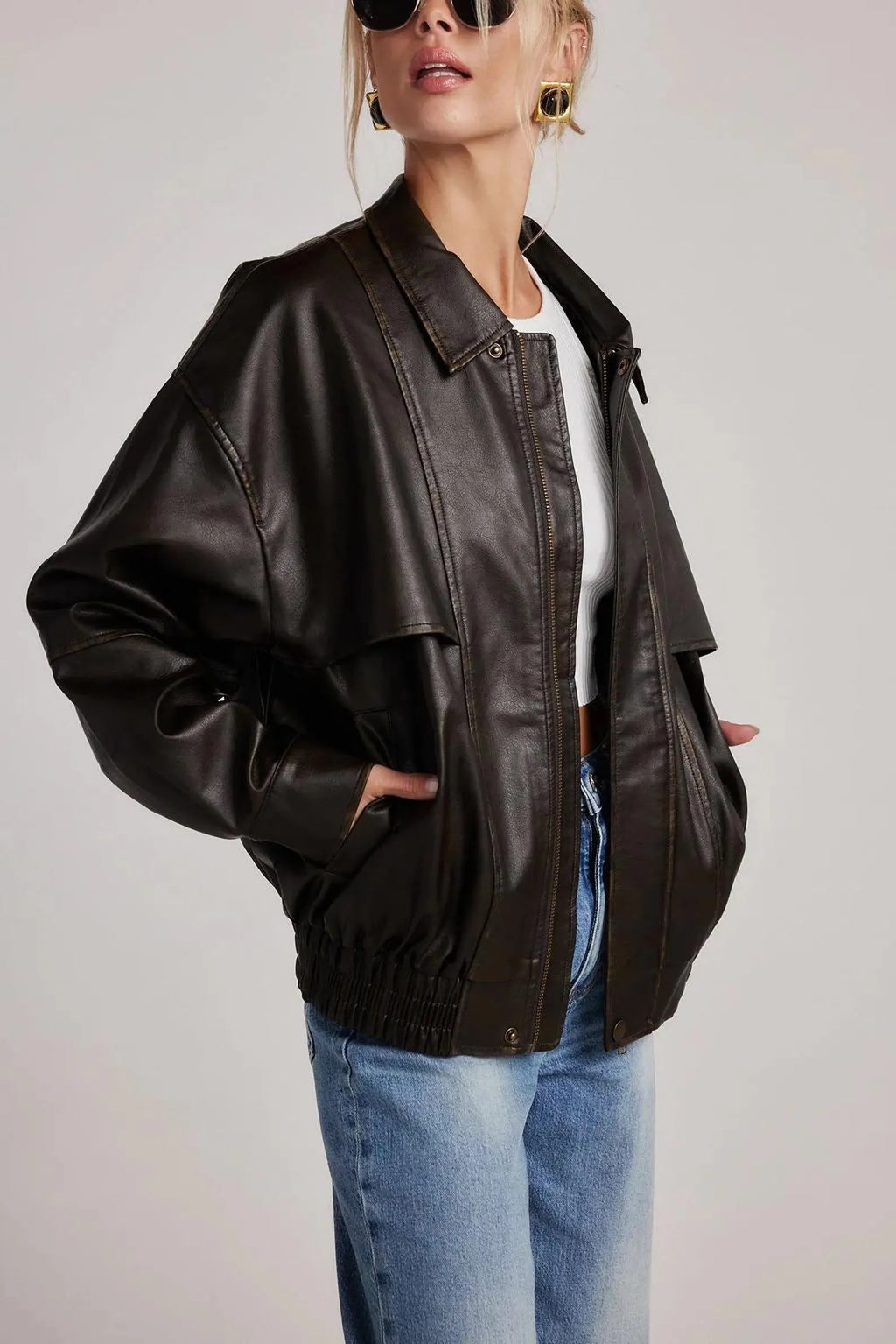 Chaqueta de cuero suave extragrande con hombros caídos para mujer, color negro