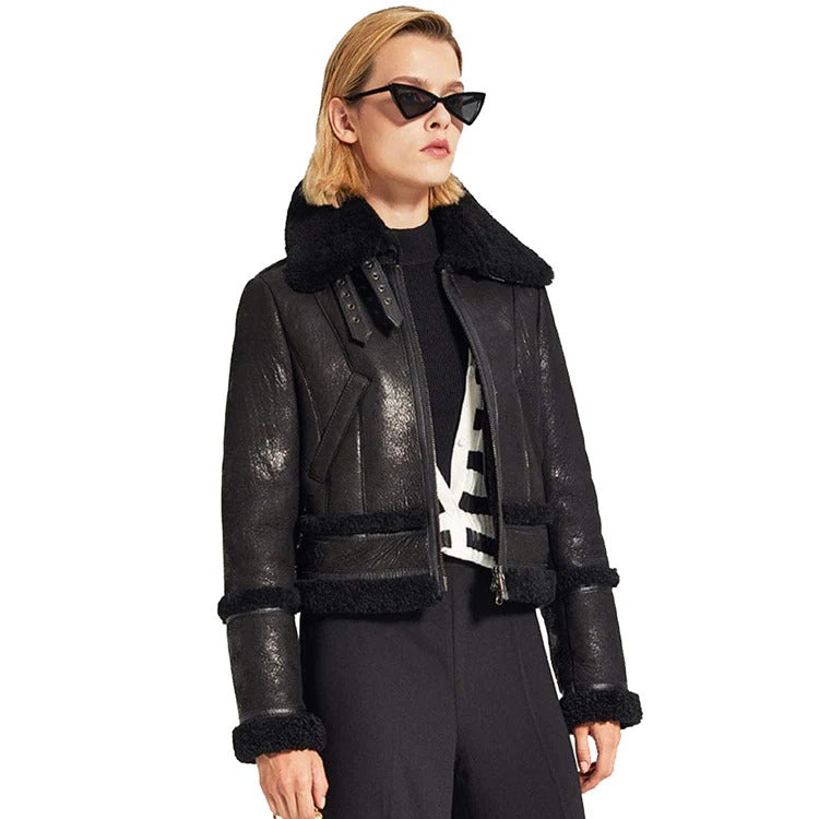 Women's Black Durable Moto Shearling Jacket Black