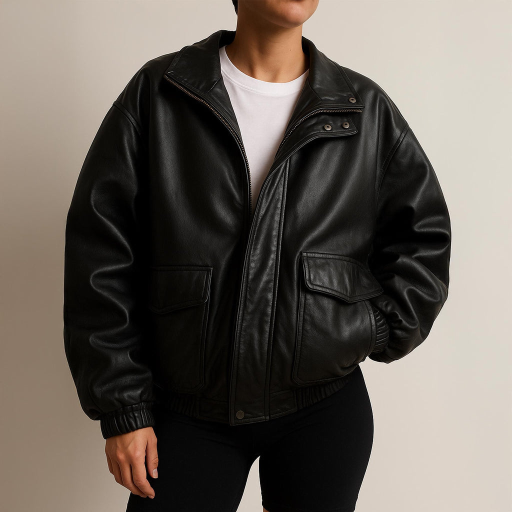 Schwarze, elastische Bündchen und Säume, übergroße Jacke aus reinem Leder für Damen