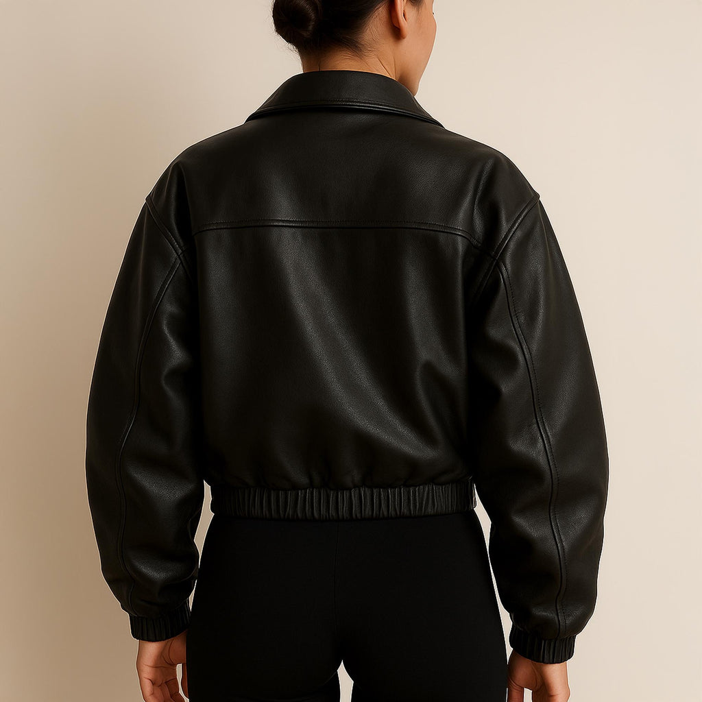 Schwarze, elastische Bündchen und Säume, übergroße Jacke aus reinem Leder für Damen