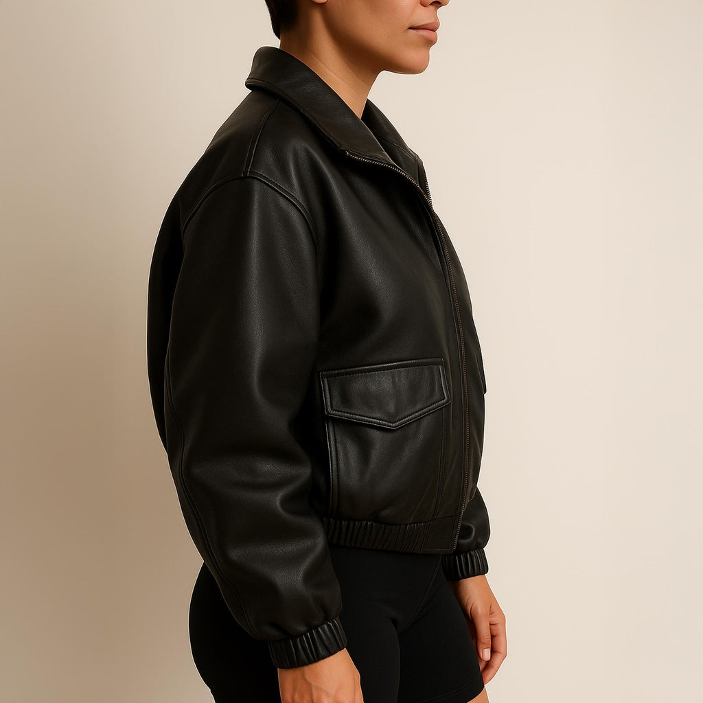 Schwarze, elastische Bündchen und Säume, übergroße Jacke aus reinem Leder für Damen