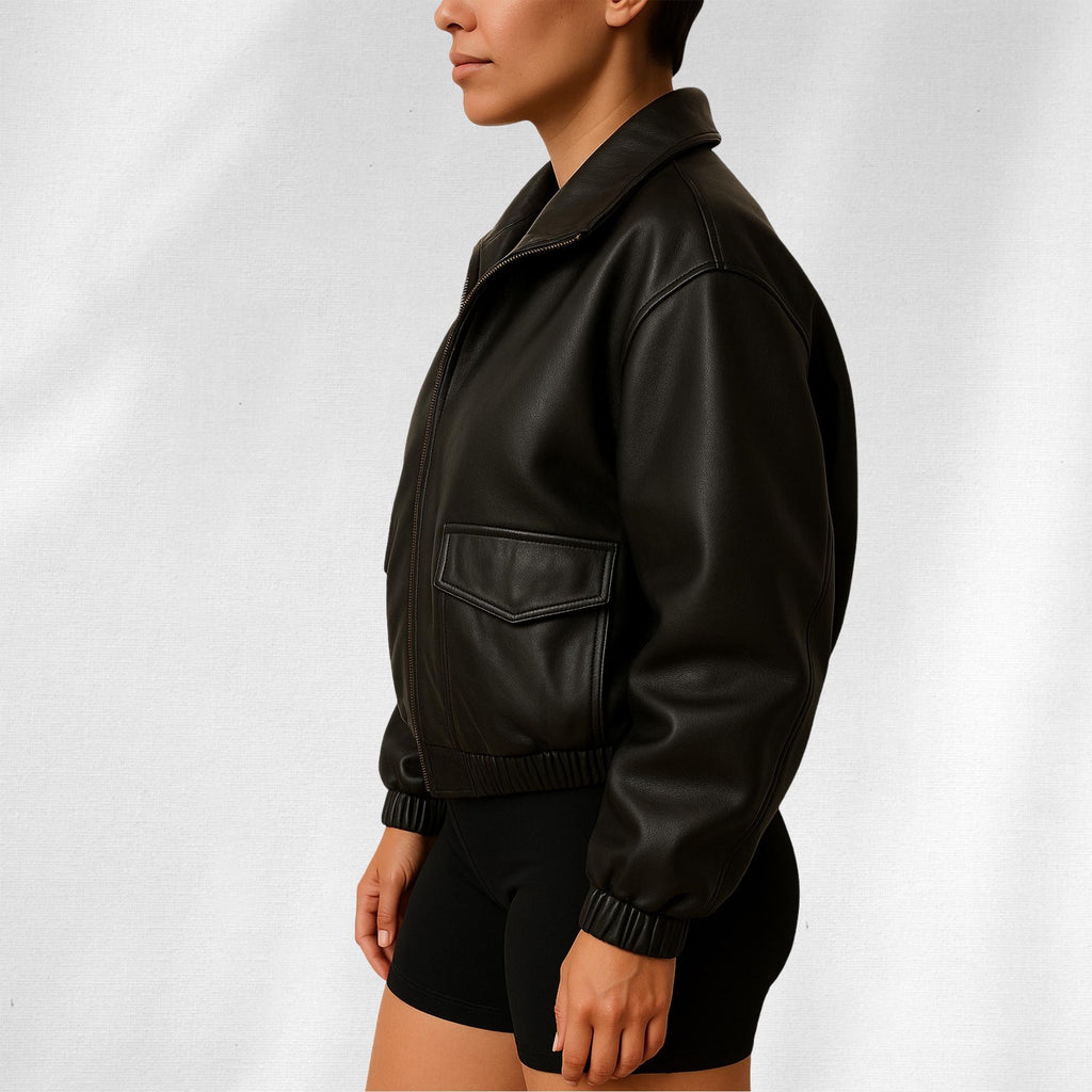 Schwarze, elastische Bündchen und Säume, übergroße Jacke aus reinem Leder für Damen