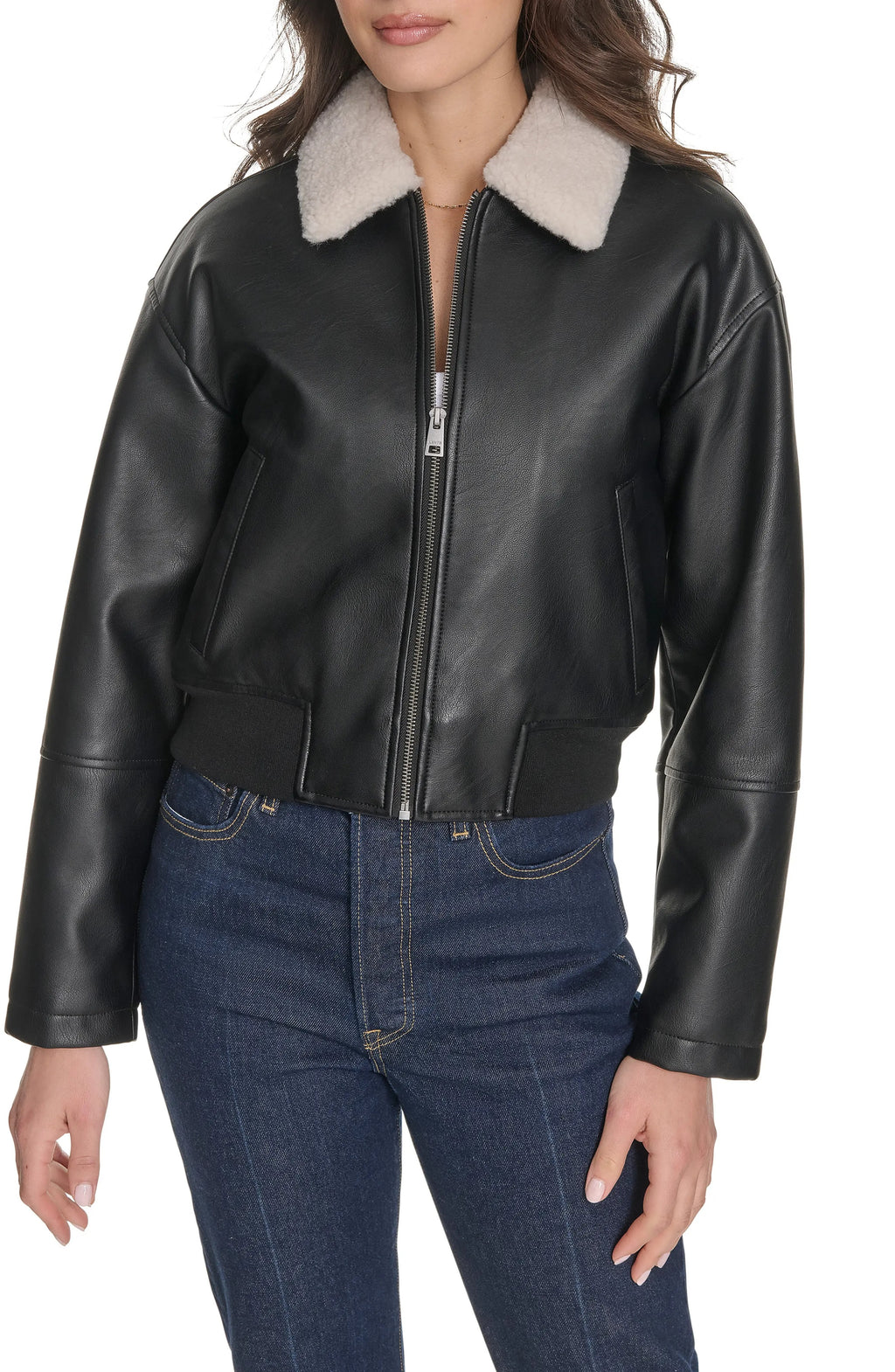 Women's Black Faux Collar Leather Aviator Jacket