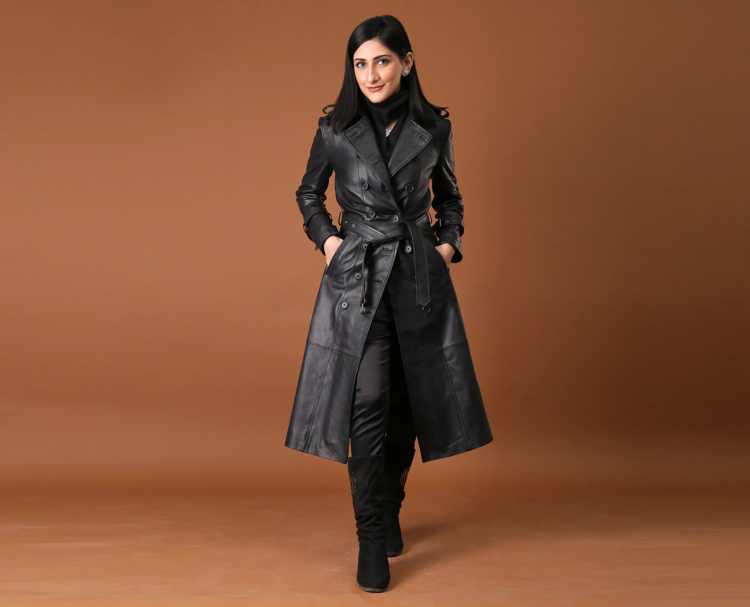 Women's Black Full Length Real Leather Trench Coat
