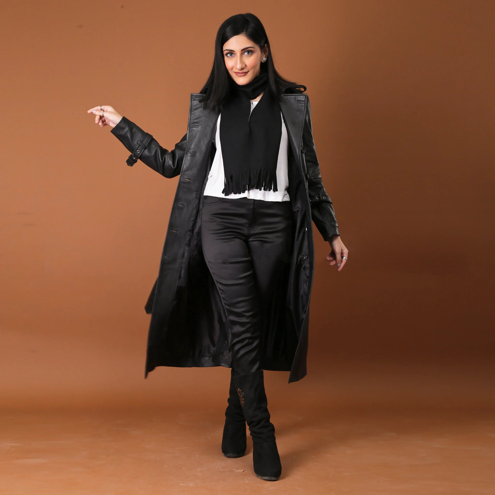 Women's Black Full Length Real Leather Trench Coat