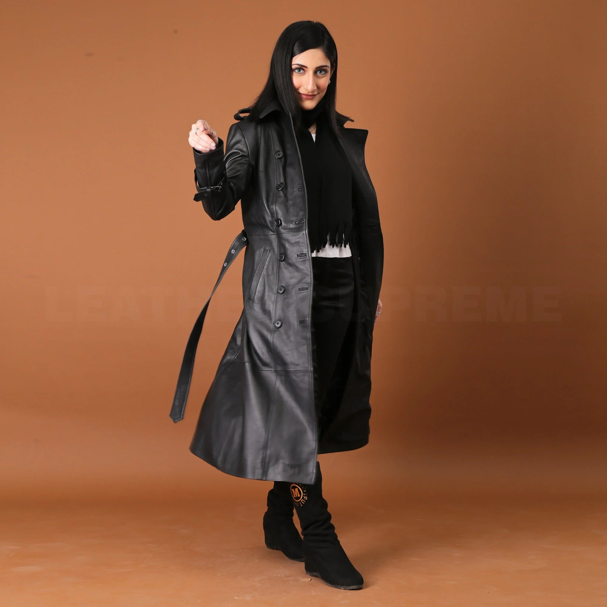 Women's Black Full Length Real Leather Trench Coat