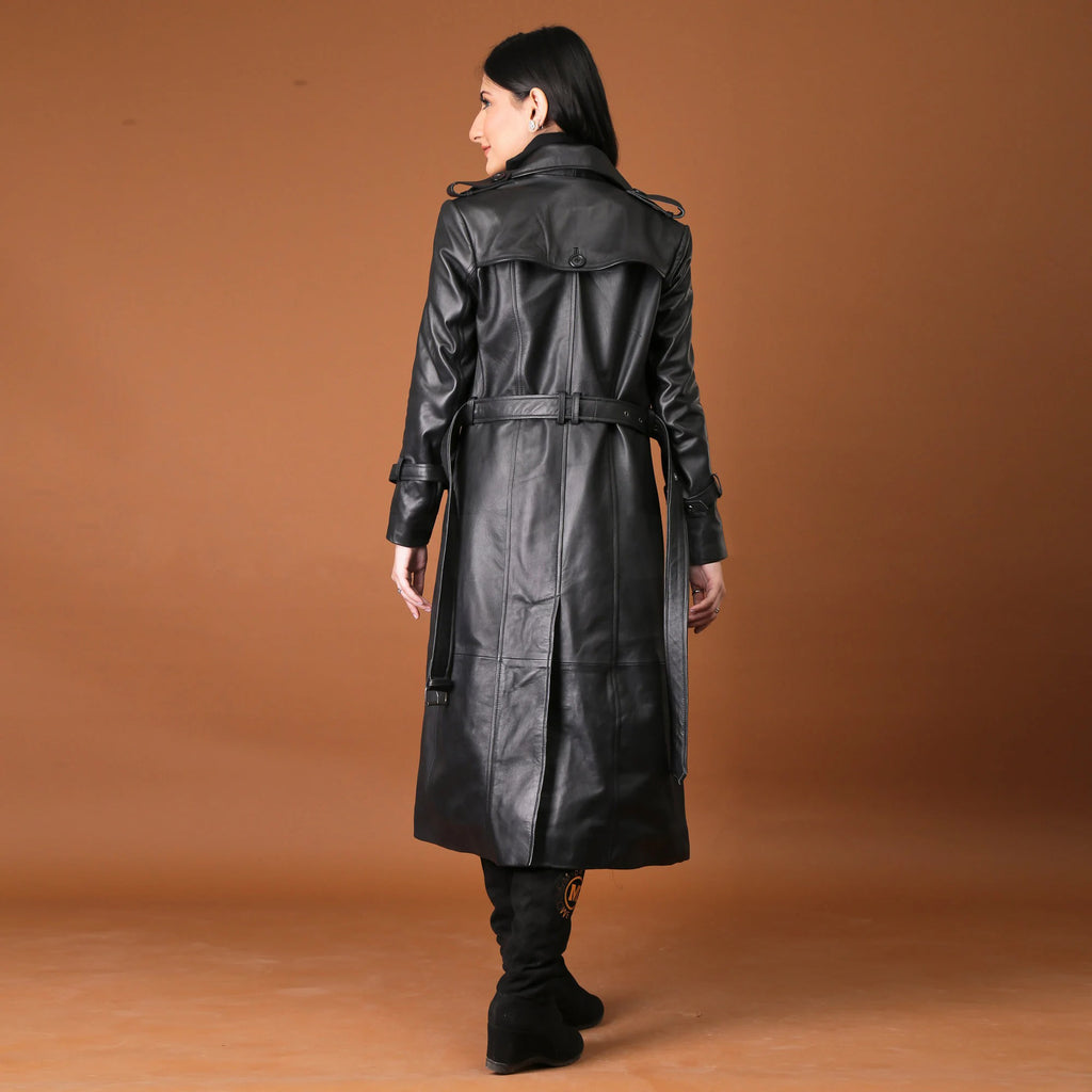 Women's Black Full Length Real Leather Trench Coat