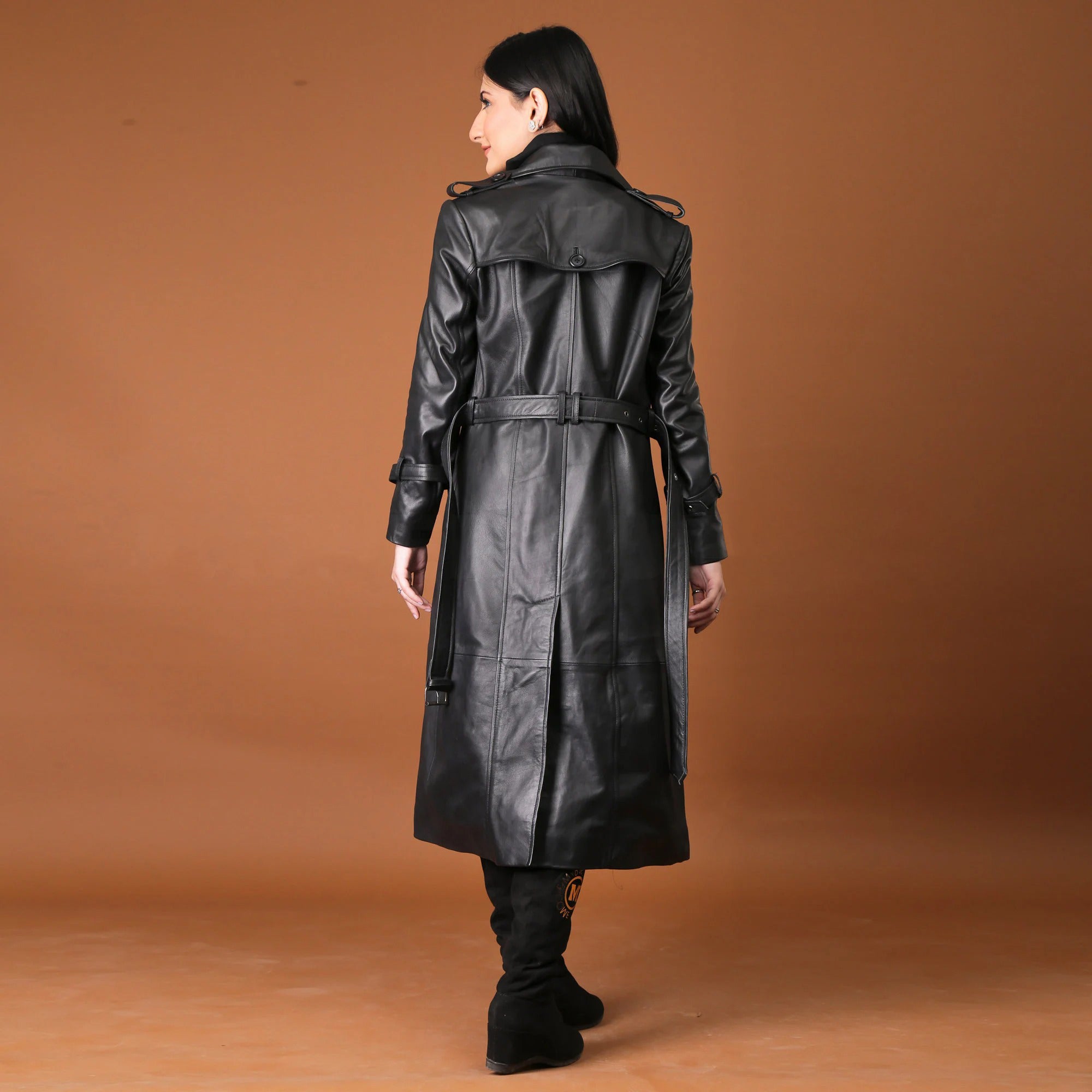 Women's Black Full Length Real Leather Trench Coat