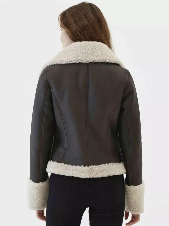 Women's Black Fur Collar Shearling Leather Jacket