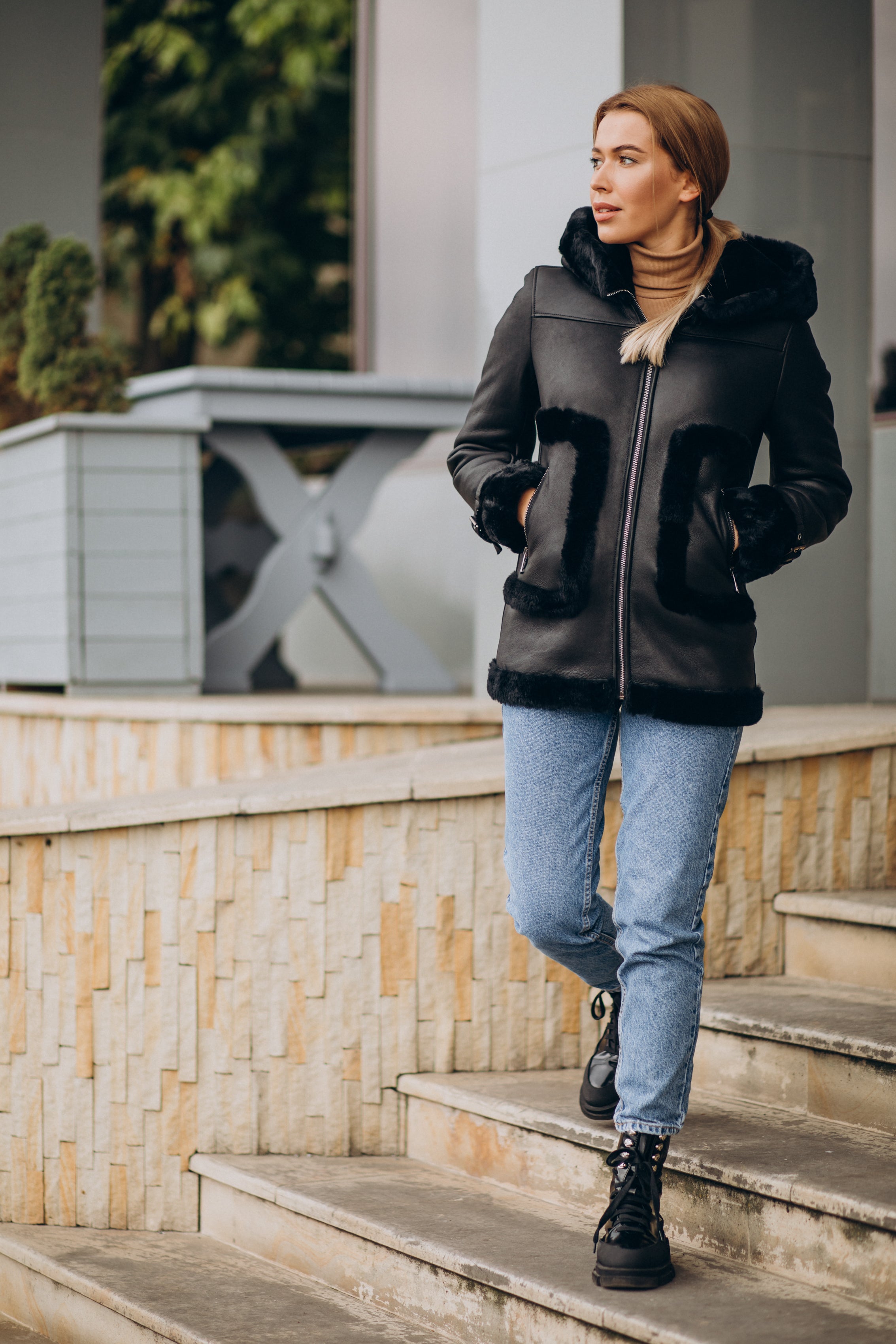 Women’s Black Fur on Pockets Shearling Leather Jacket