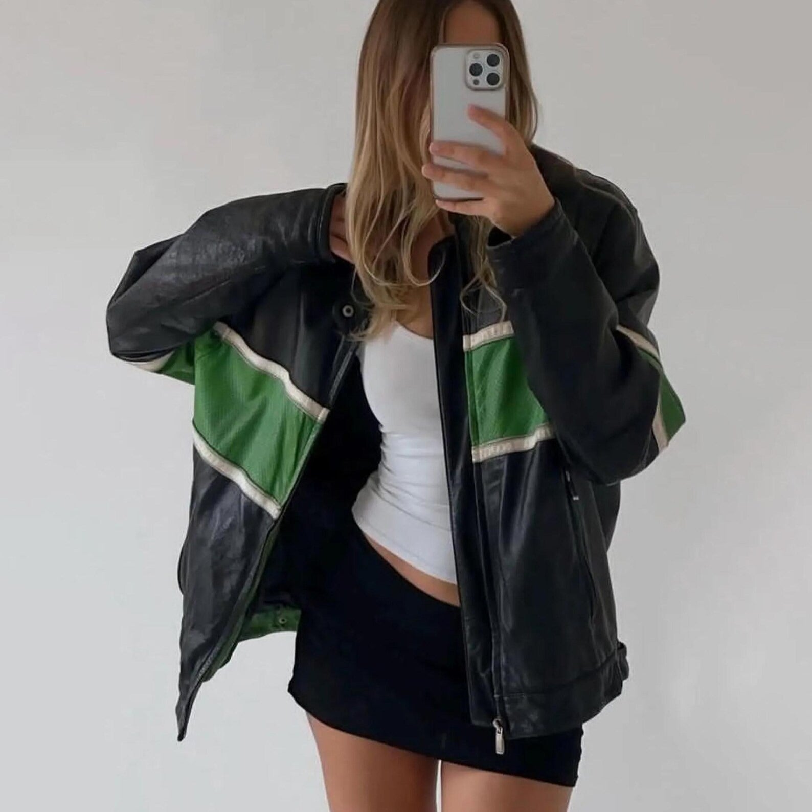 Women's Black Green Stripped Chest And Sleeves Oversized Genuine Leather Jacket