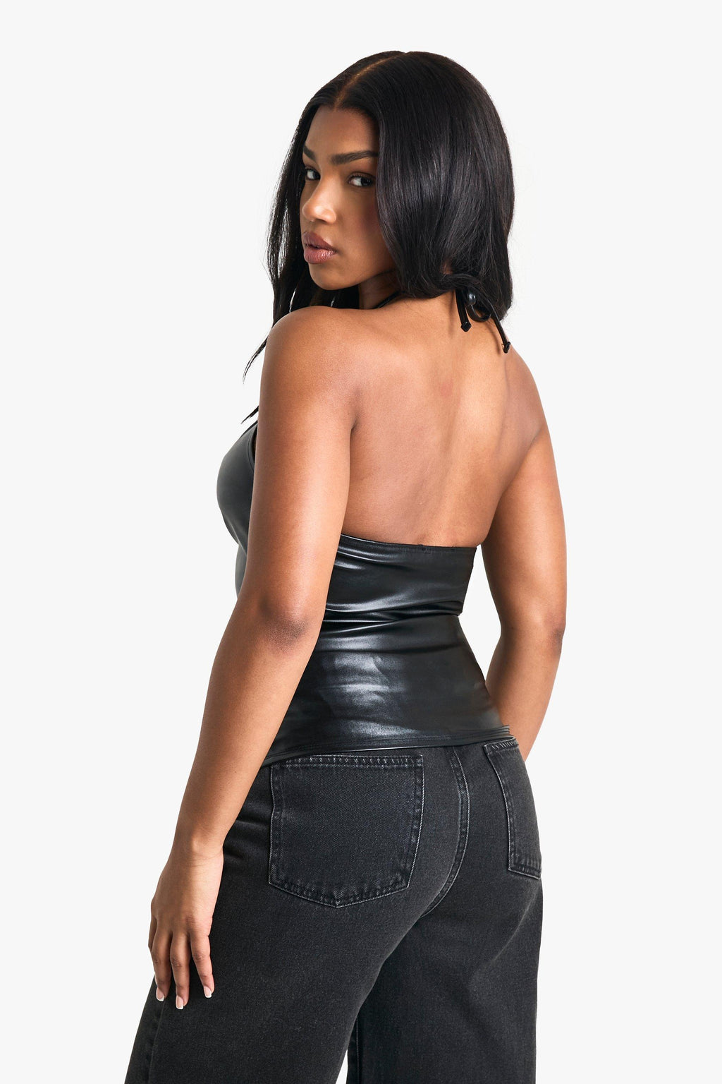 Women's Black Halter Neck Corsage Detail Leather Top