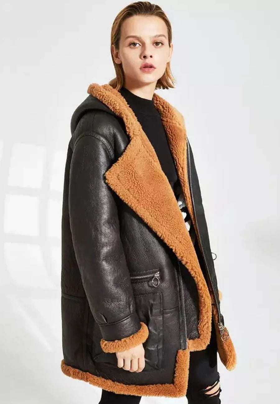 Women’s Black Hooded Leather Orange Shearling Fur Long Coat