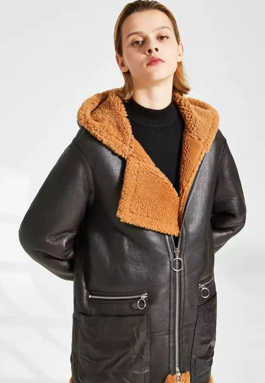 Women’s Black Hooded Leather Orange Shearling Fur Long Coat