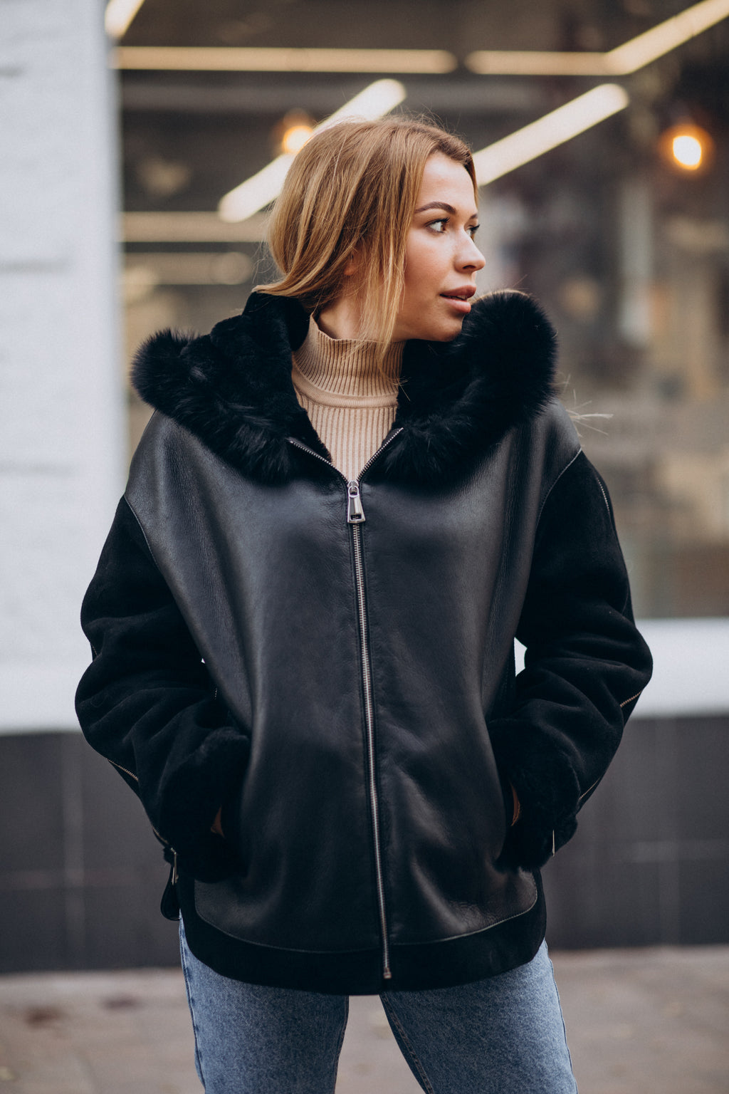 Women’s Black Hooded with Black Fur Shearling Leather Jacket
