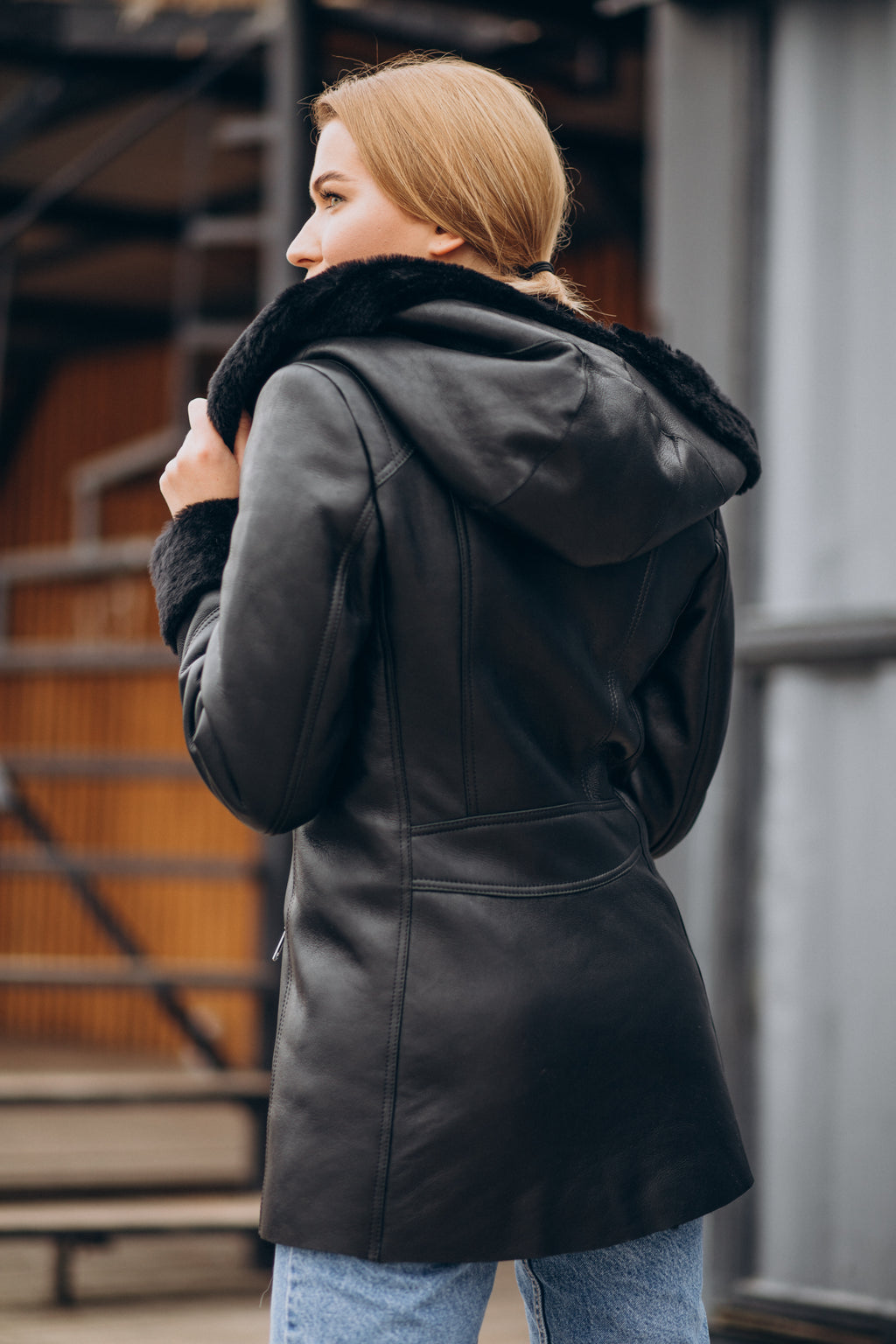 Women’s Black Hooded with Black Fur & Shearling Leather Jacket