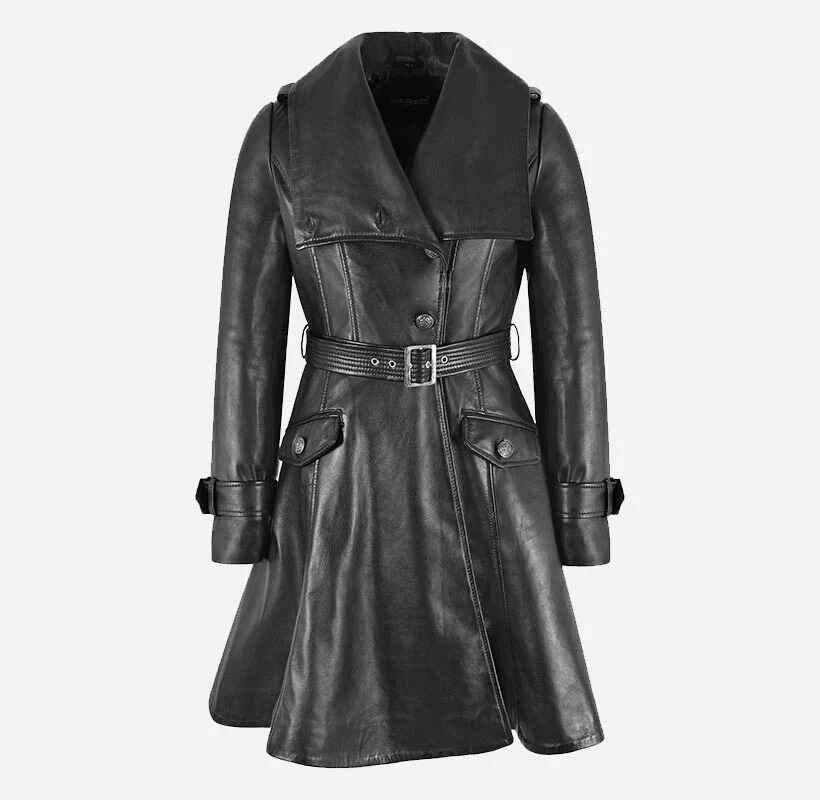 Women's Black LANGFORD  Knee Length Leather Flare Coat