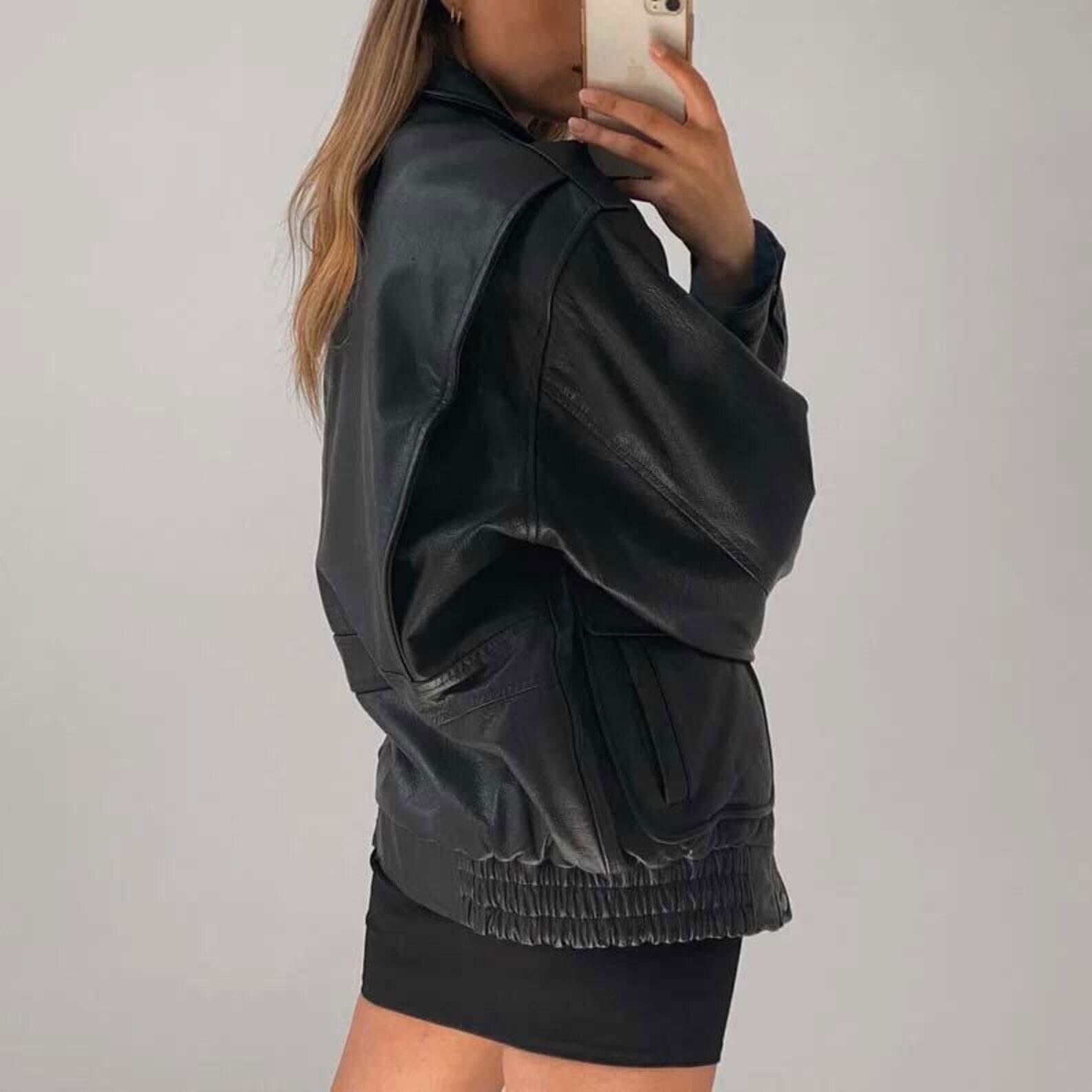 Women's Black Lightweight Double Stitched Oversized Leather Jacket