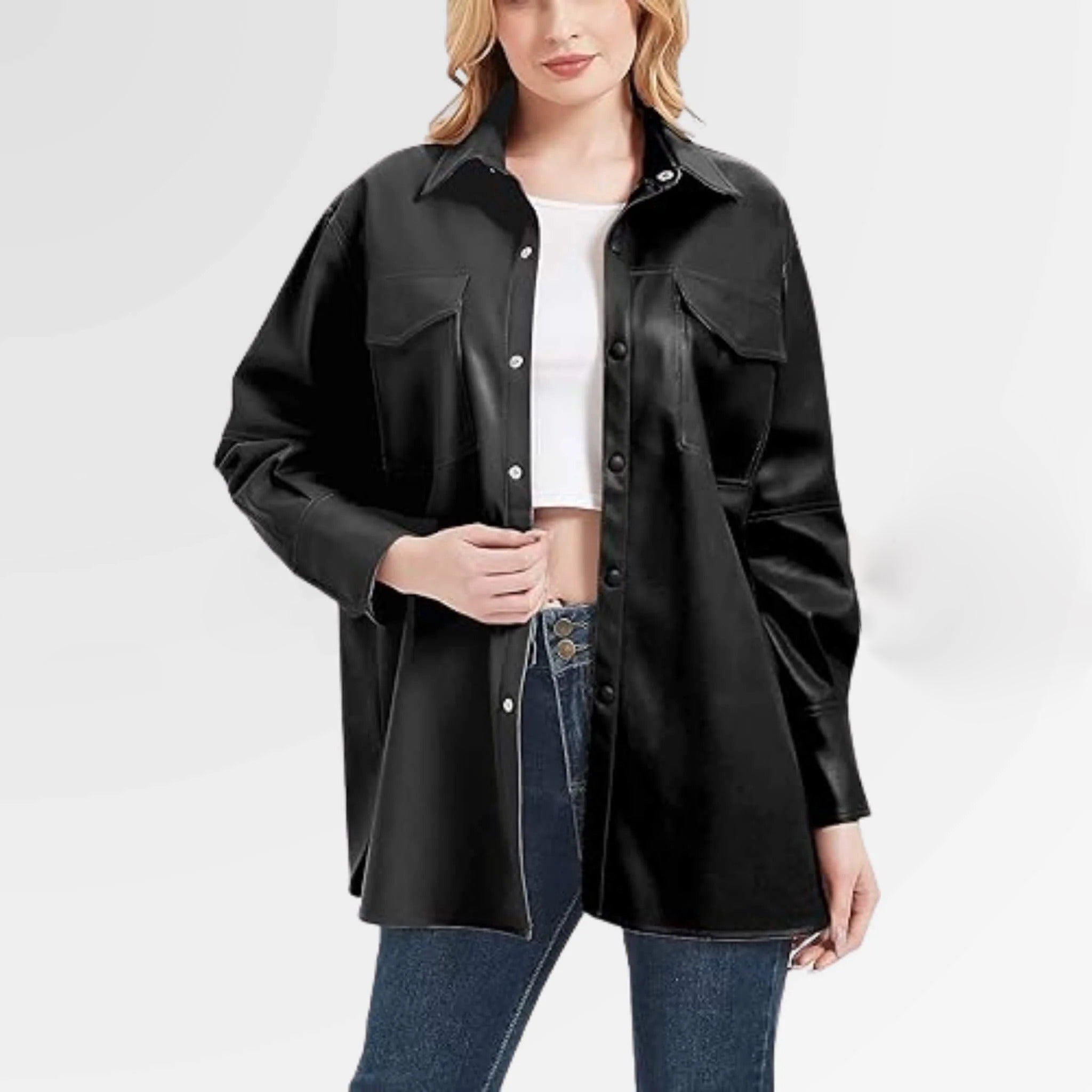 Women's Black Long Lambskin Leather Shirt