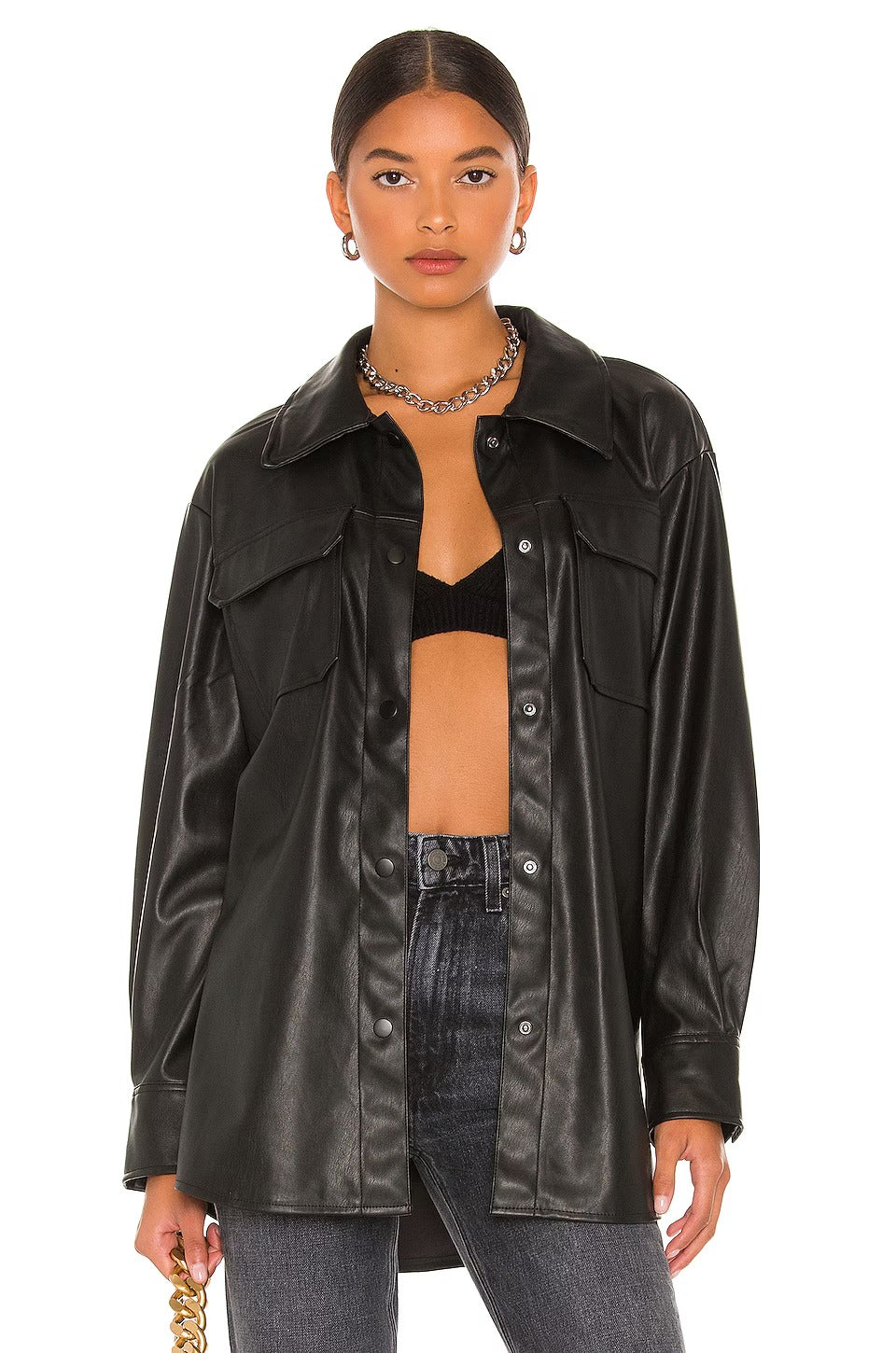 Women's Black Long & Oversize Simple Leather Jacket