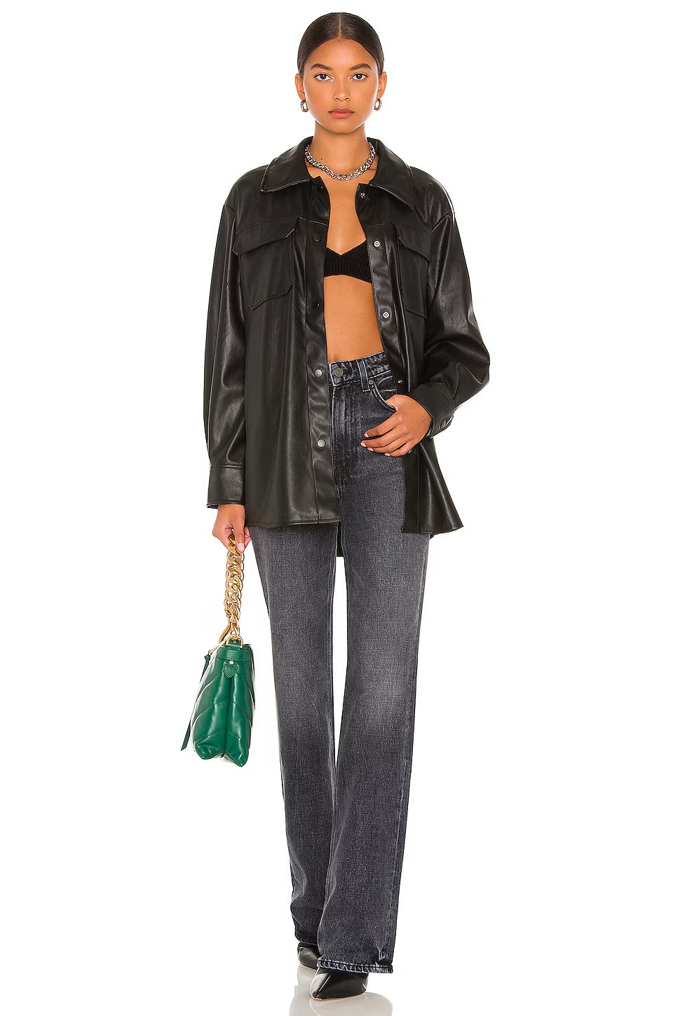 Women's Black Long & Oversize Simple Leather Jacket