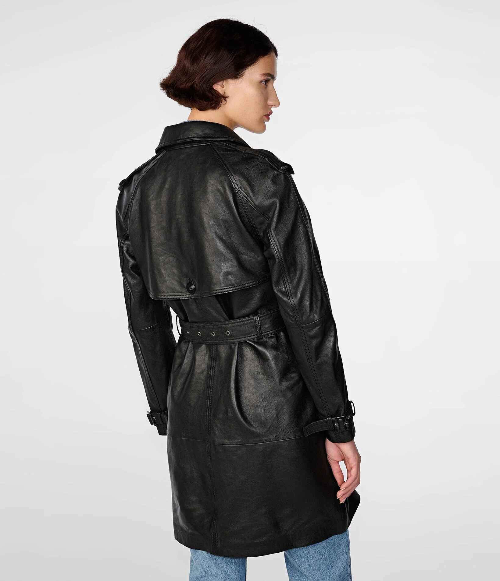 Women's Black Mary Long Single Breasted Leather Trench Coat