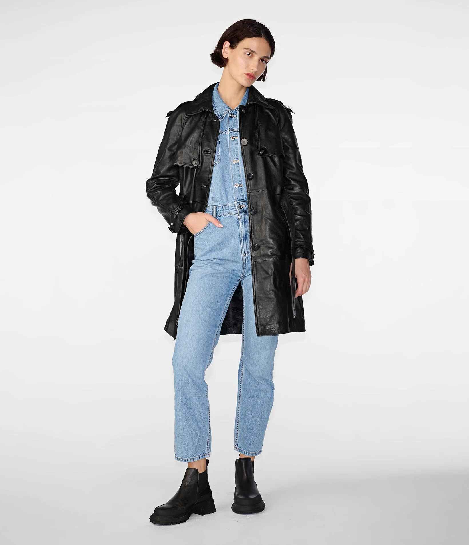 Women's Black Mary Long Single Breasted Leather Trench Coat