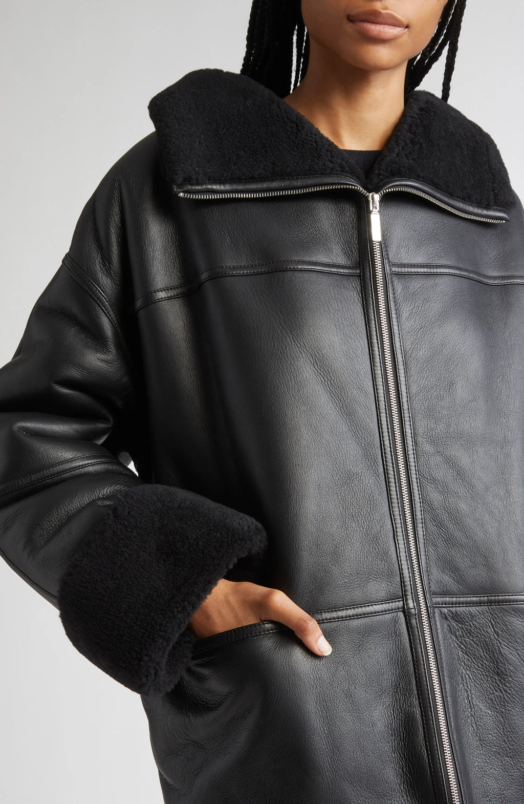 Women's Black Menfi Oversize Genuine Shealring Coat