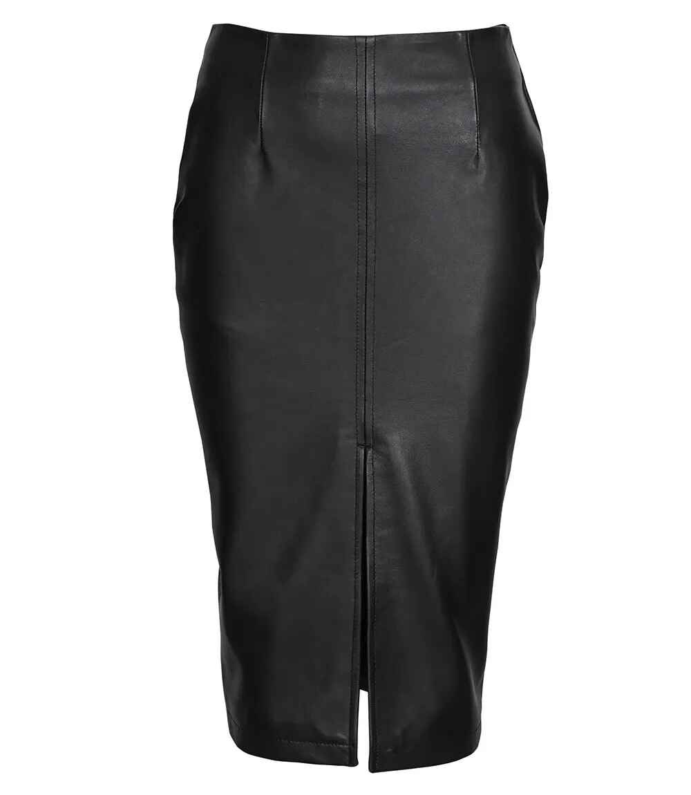 Women's Black Midi Leather Skirt With Back Slit