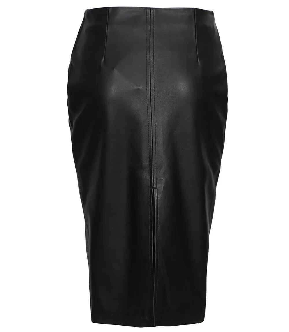 Women's Black Midi Leather Skirt With Back Slit