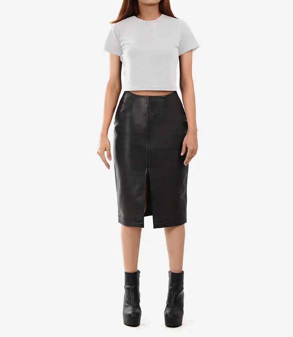 Women's Black Midi Leather Skirt With Back Slit