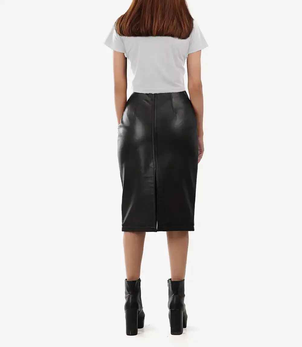 Women's Black Midi Leather Skirt With Back Slit