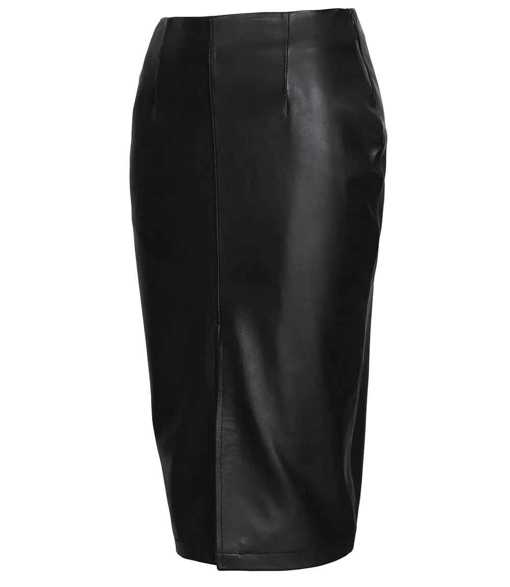 Women's Black Midi Leather Skirt With Back Slit