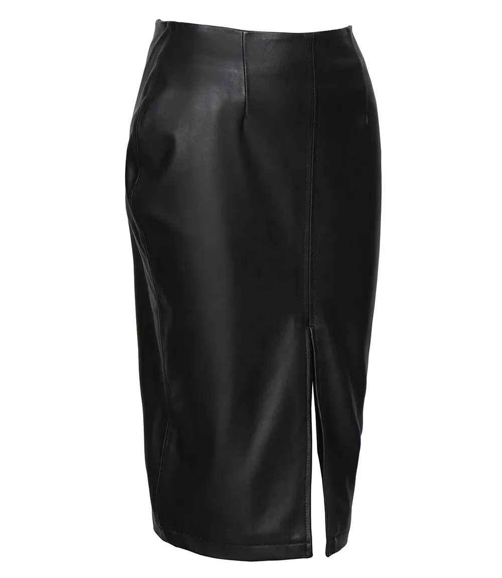 Women's Black Midi Leather Skirt With Back Slit