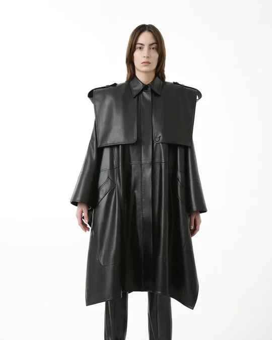 Women's Black Oversized Cape Leather Trench Coat