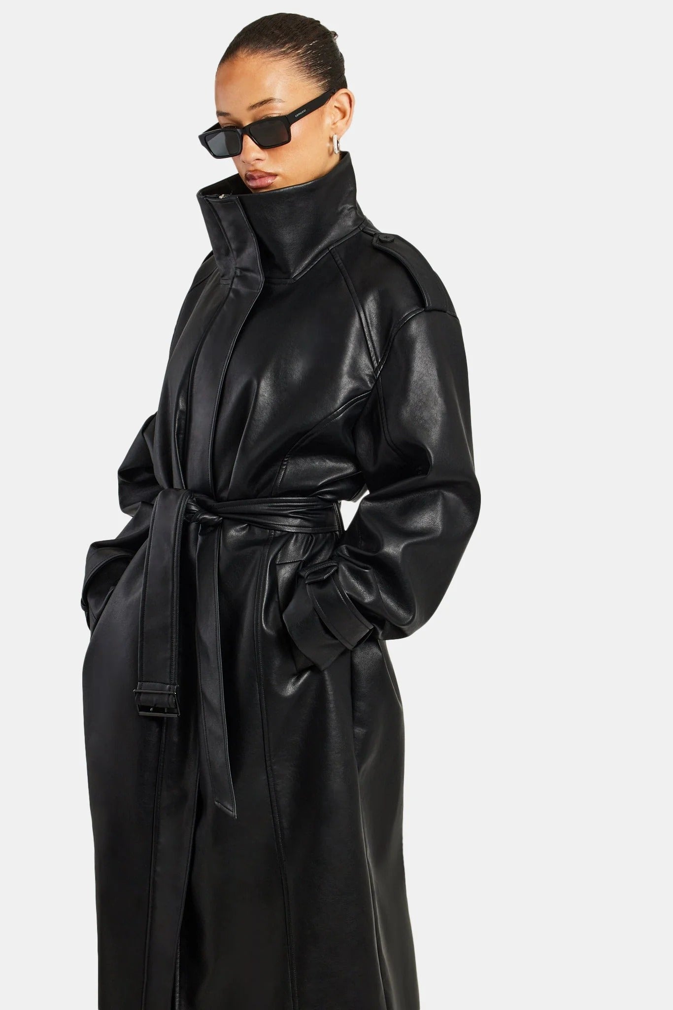 Women's Black Oversized Faux Leather Trench Coat