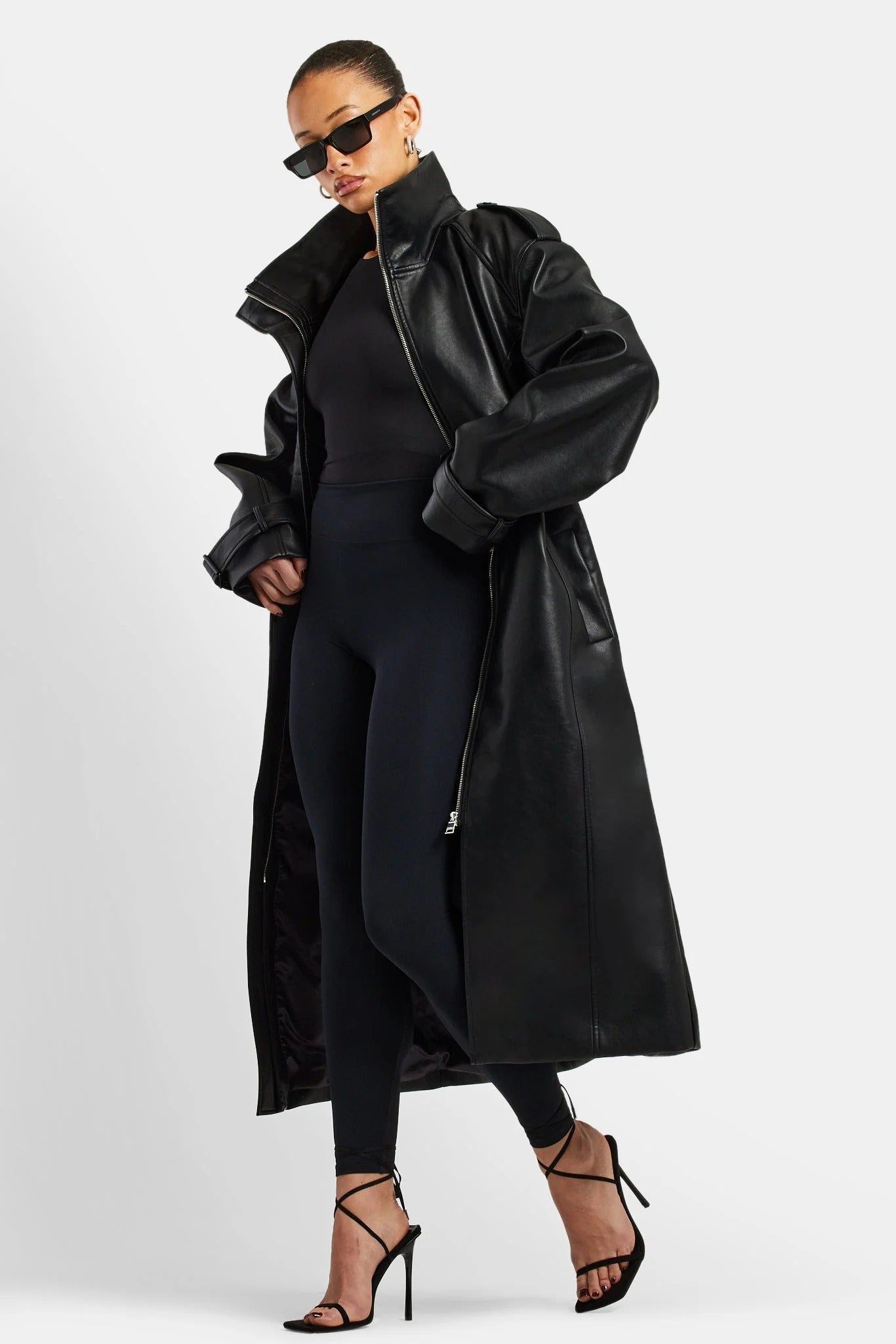 Women's Black Oversized Faux Leather Trench Coat