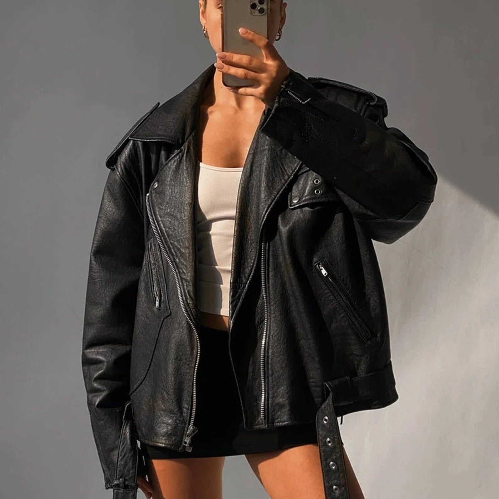 Women's Black Oversized Genuine Sheep Skin Leather Jacket