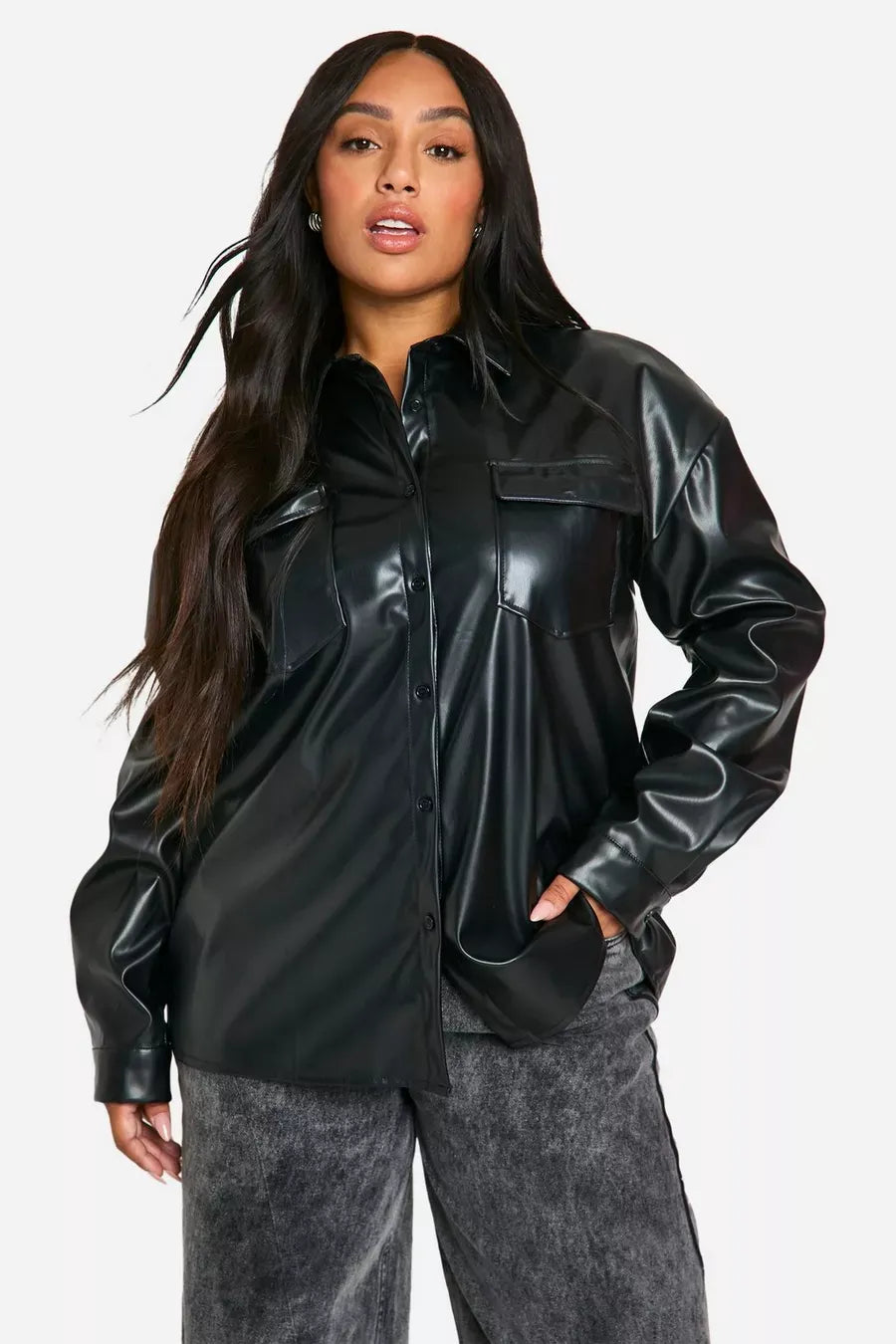 Women's Black Oversized Utility Leather Shirt