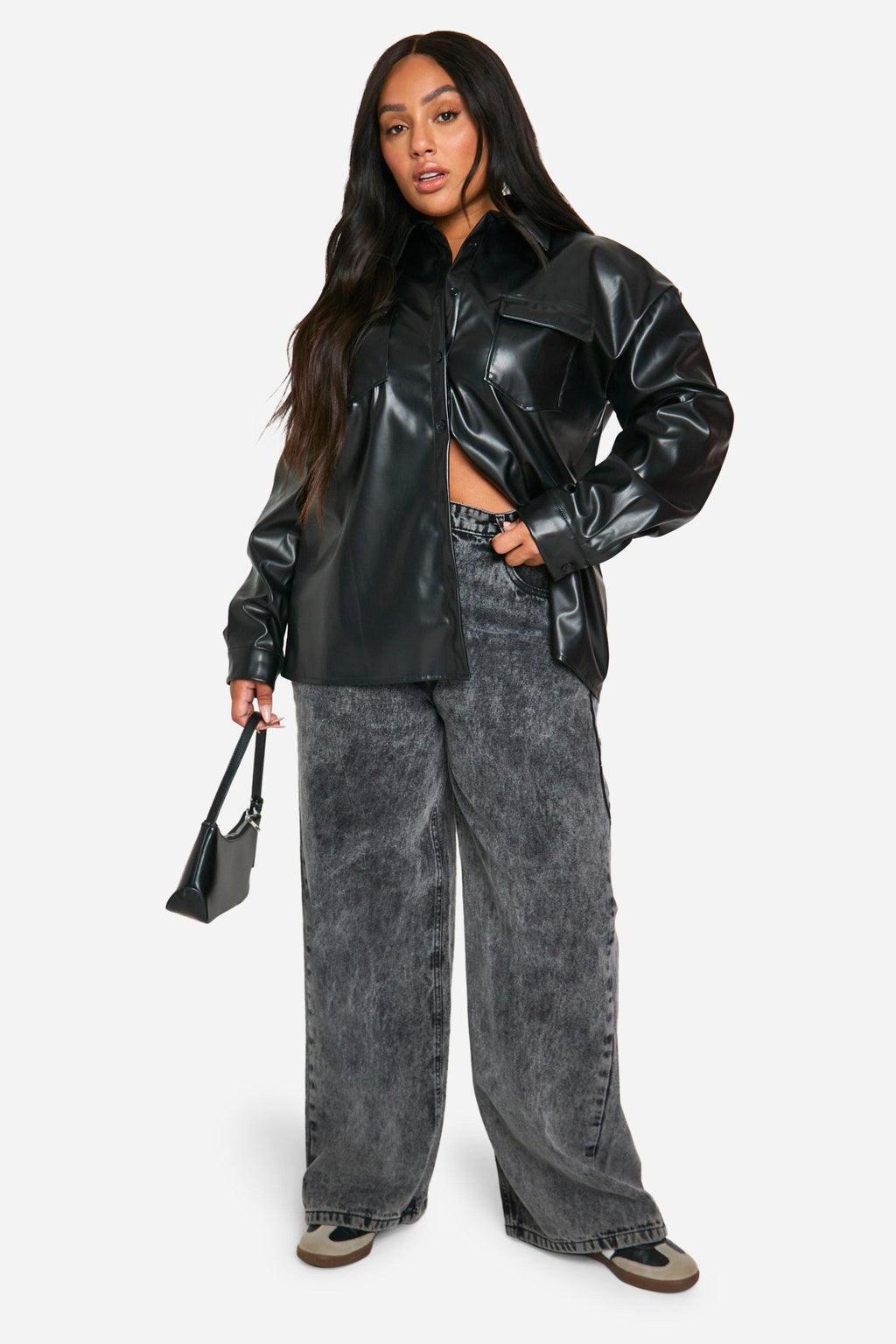 Women's Black Oversized Utility Leather Shirt