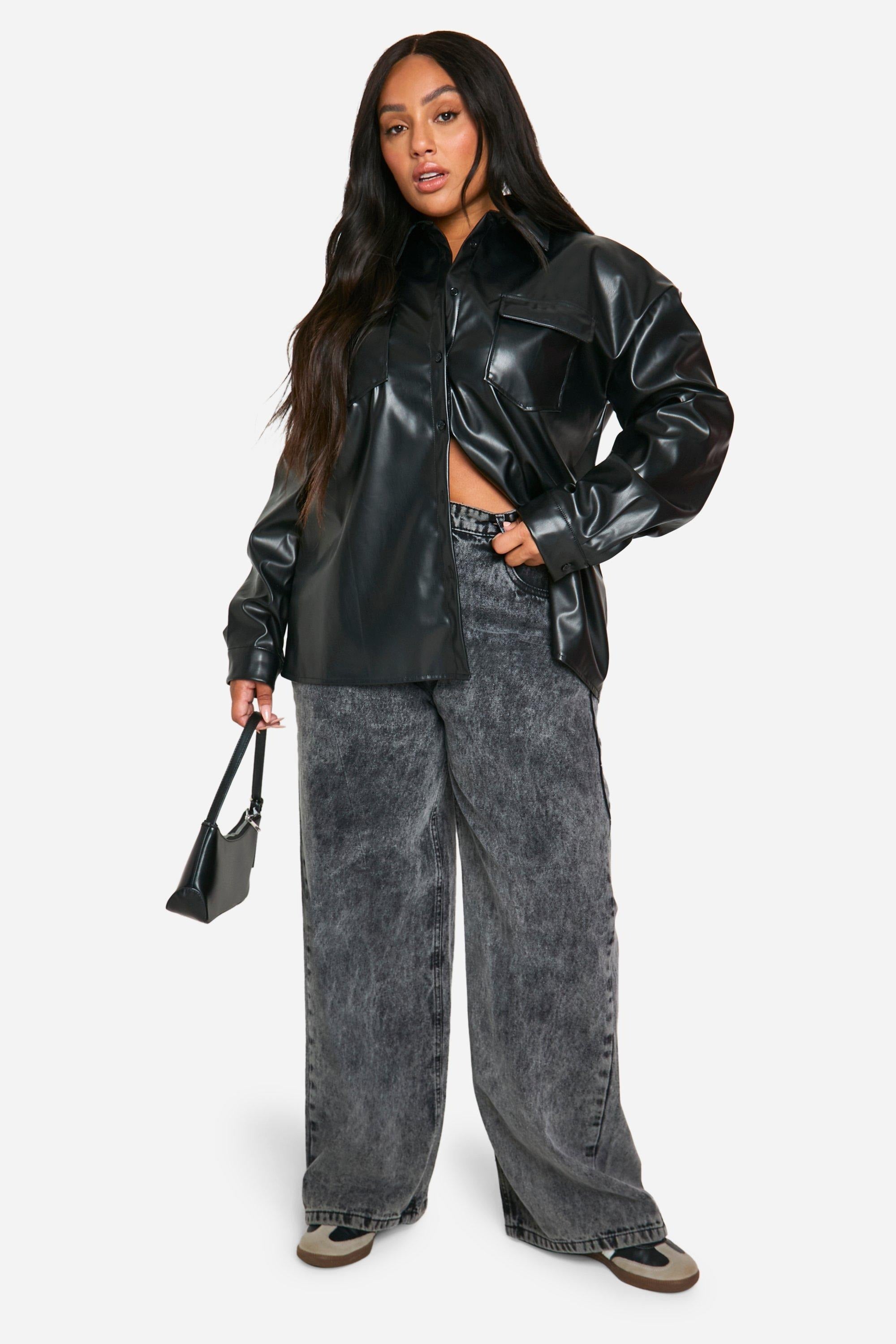 Women's Black Oversized Utility Leather Shirt