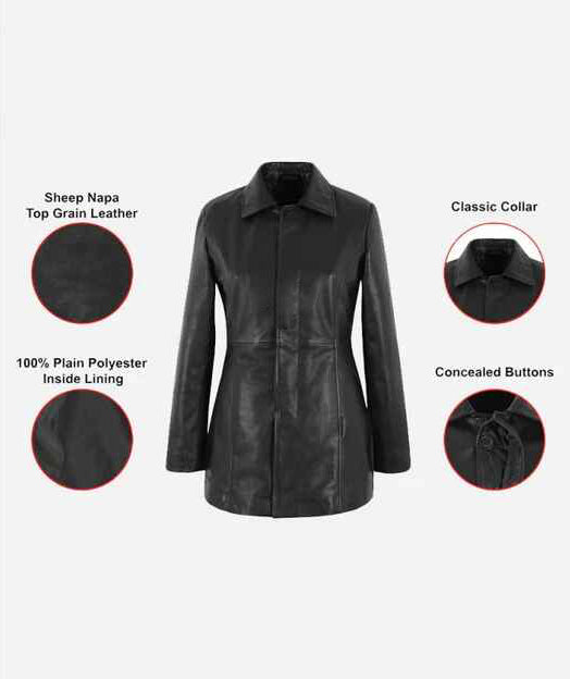 Women's Black PARIS 3/4 Length Leather Short Trench Coat