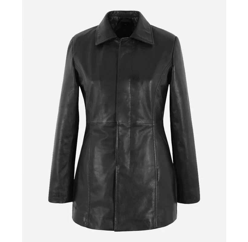 Women's Black PARIS 3/4 Length Leather Short Trench Coat